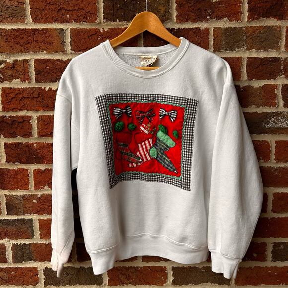 VTG Christmas Sweatshirt Stockings Bells 90s Medium - Picture 1 of 4